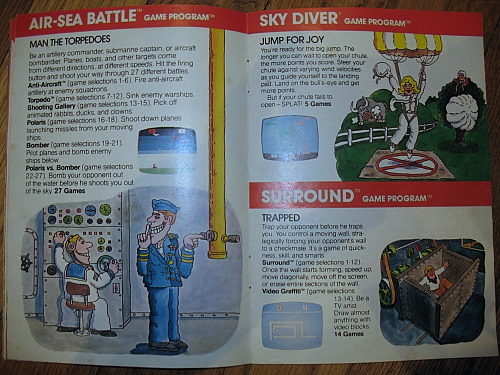 [Atari VCS game catalog featuring Air-Sea Battle, Sky Diver, Surround